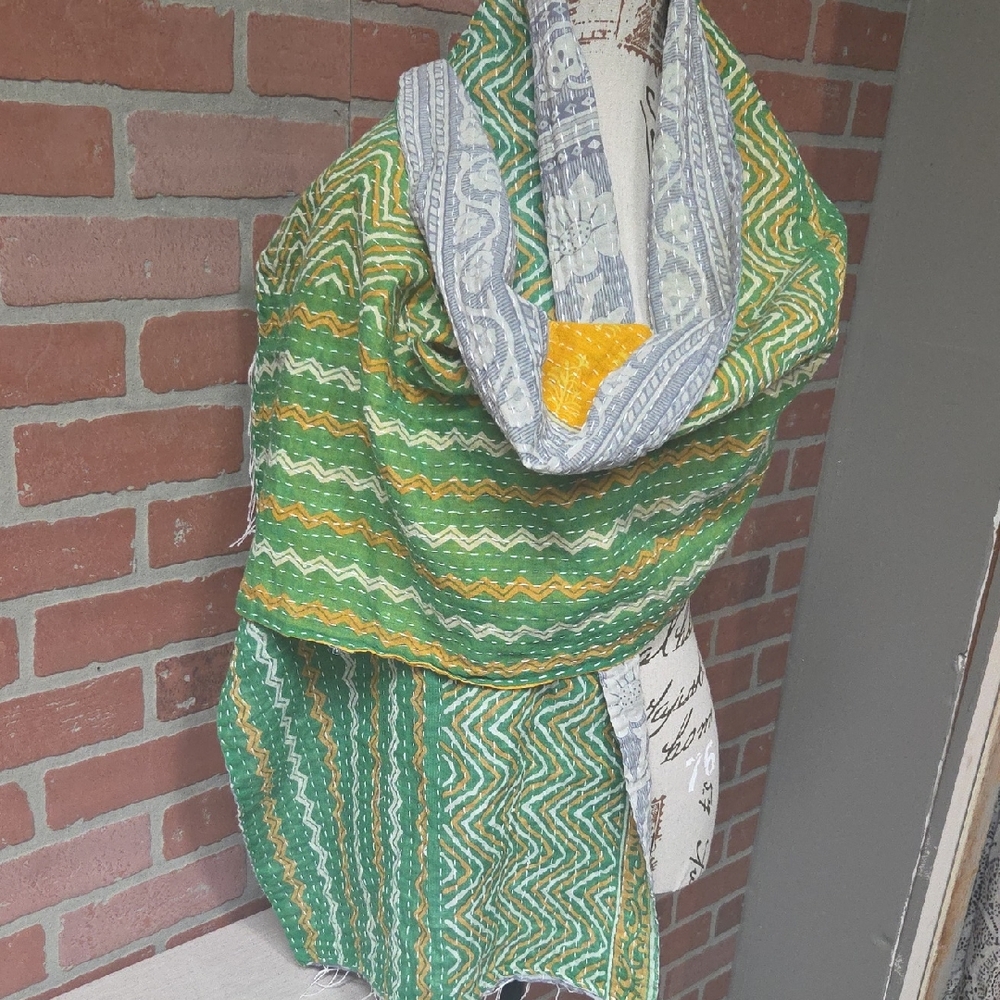 Green and Yellow/Gray  Patterned Reversible Kantha Scarf/Table Runner #102